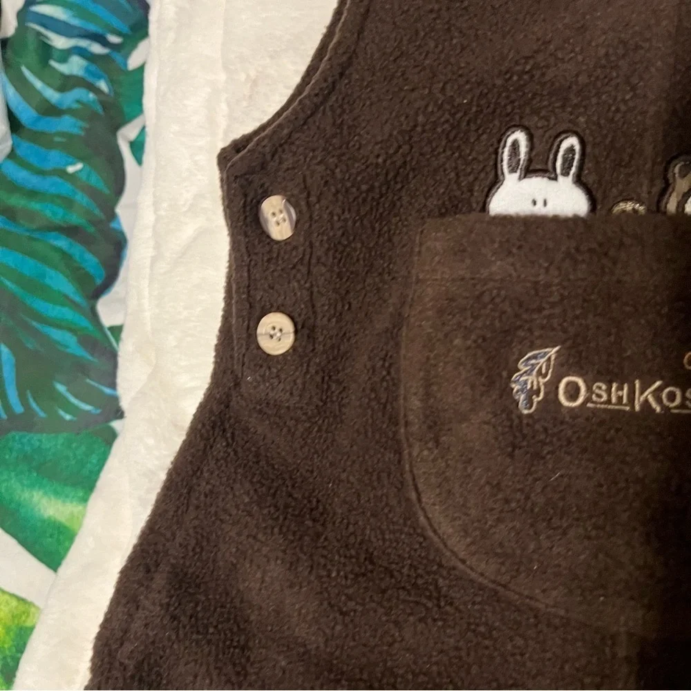 Vintage Oshkosh Baby Infant 12M Bunny Raccoon Fleece Button Fall Cozy Overalls